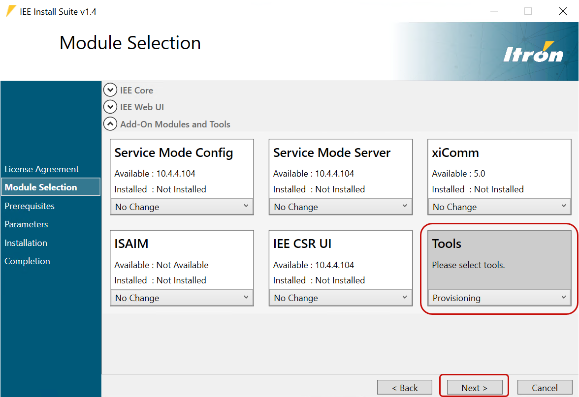 The Tools dropdown menu on the Module Selection screen.